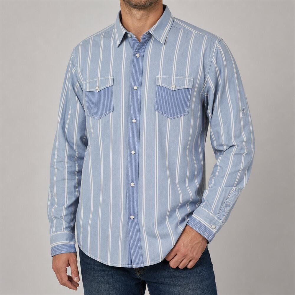 American Rag Shirt Mens 2XL Blue Pearl Snap Cotton Striped Long Sleeve